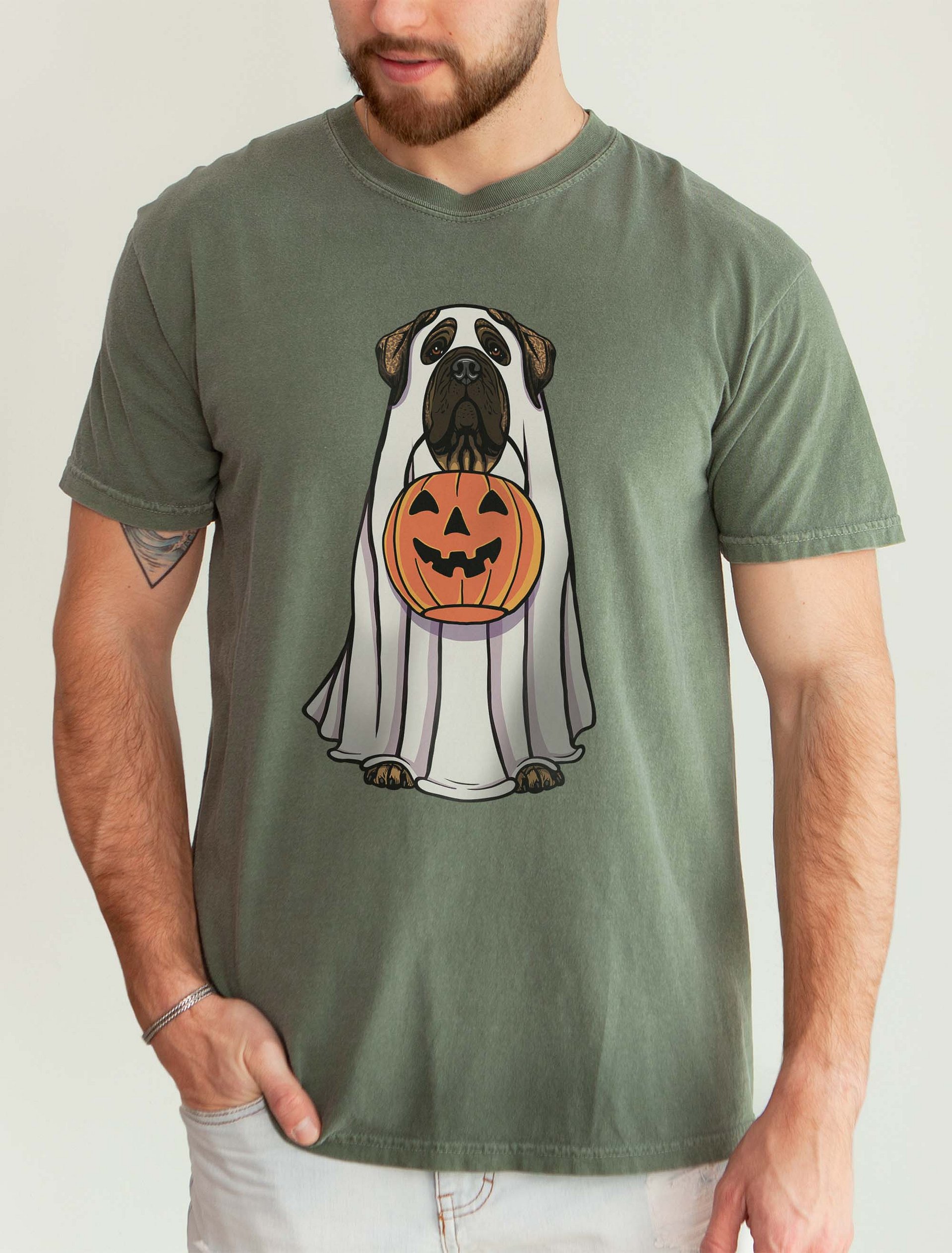 Funny Halloween English Mastiff(Brindle) T-Shirt | Funny English Mastiff Wearing a Ghost Costume and Holding a Pumpkin Basket product image (2)