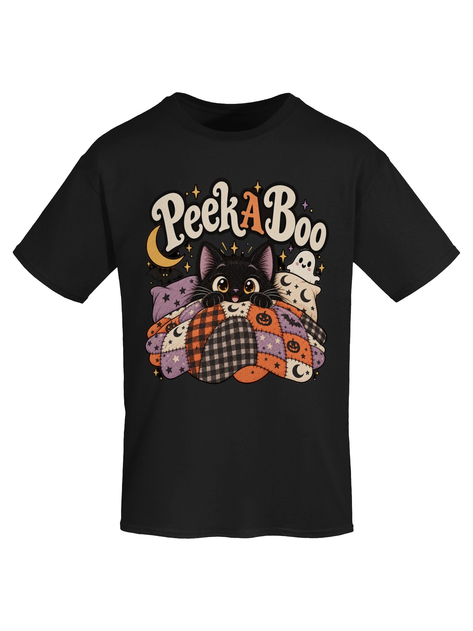 Peek A Boo Halloween Cat T-Shirt – Cute Black Cat & Ghost Tee product image (3)