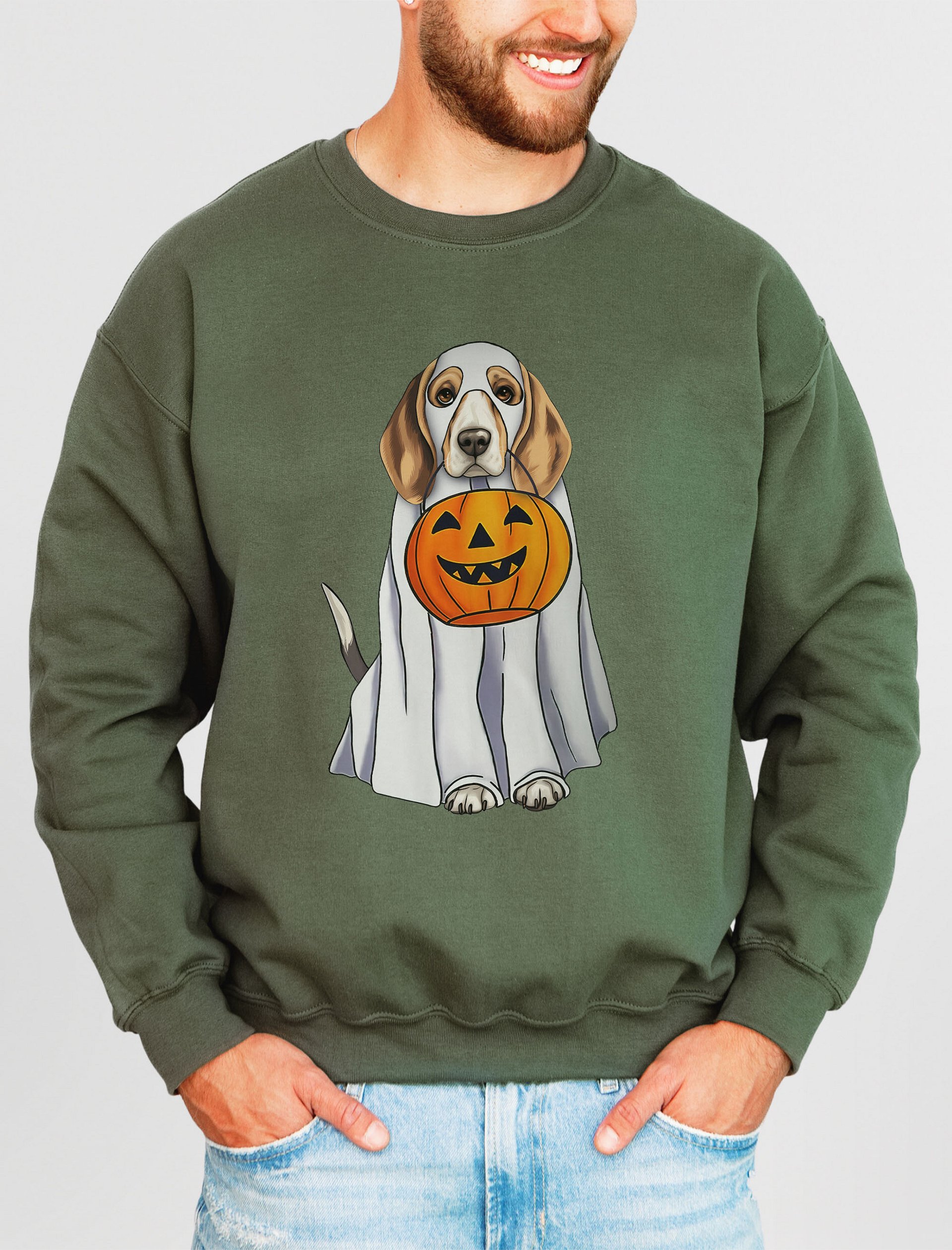 Beagle Halloween Sweatshirt | Funny Fall & Halloween Beagle Wearing a Ghost Costume with Pumpkin Basket product image (2)