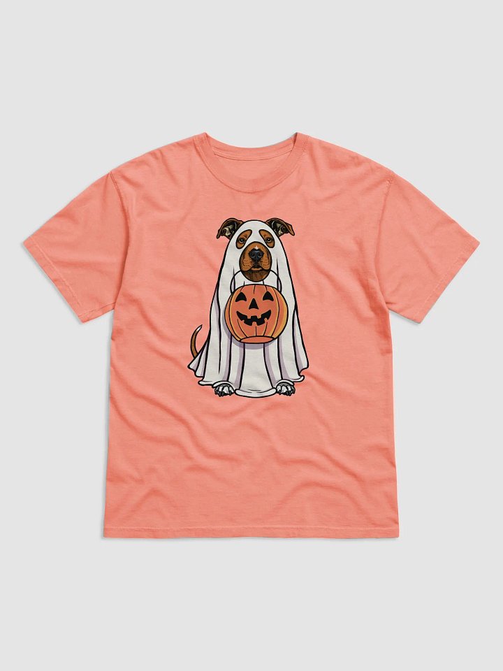 Funny Halloween Pitbull Terrier(Red) T-Shirt | Funny Pittie Wearing a Ghost Costume and Holding a Pumpkin Basket product image (1)