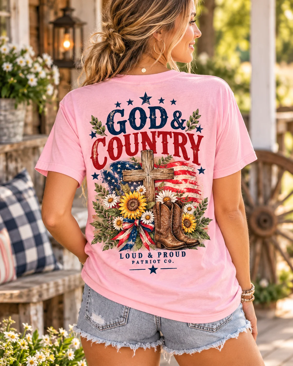 God & Country – Women's Patriotic Graphic Tee | Light Pink Bella+Canvas product image (1)