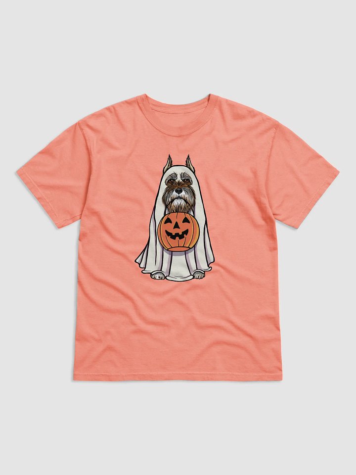 Funny Halloween Schnauzer(Liver, Cropped Ears) T-Shirt | Funny Schnauzer Wearing a Ghost Costume and Holding a Pumpkin Basket product image (1)