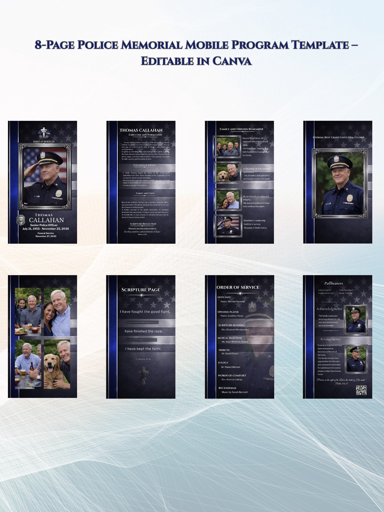 Police Funeral Program Bundle Tabloid & Letter | 8 Page End of Watch Memorial Booklet | Editable Canva Template with Mobile Version & QR Code Tribute product image (3)