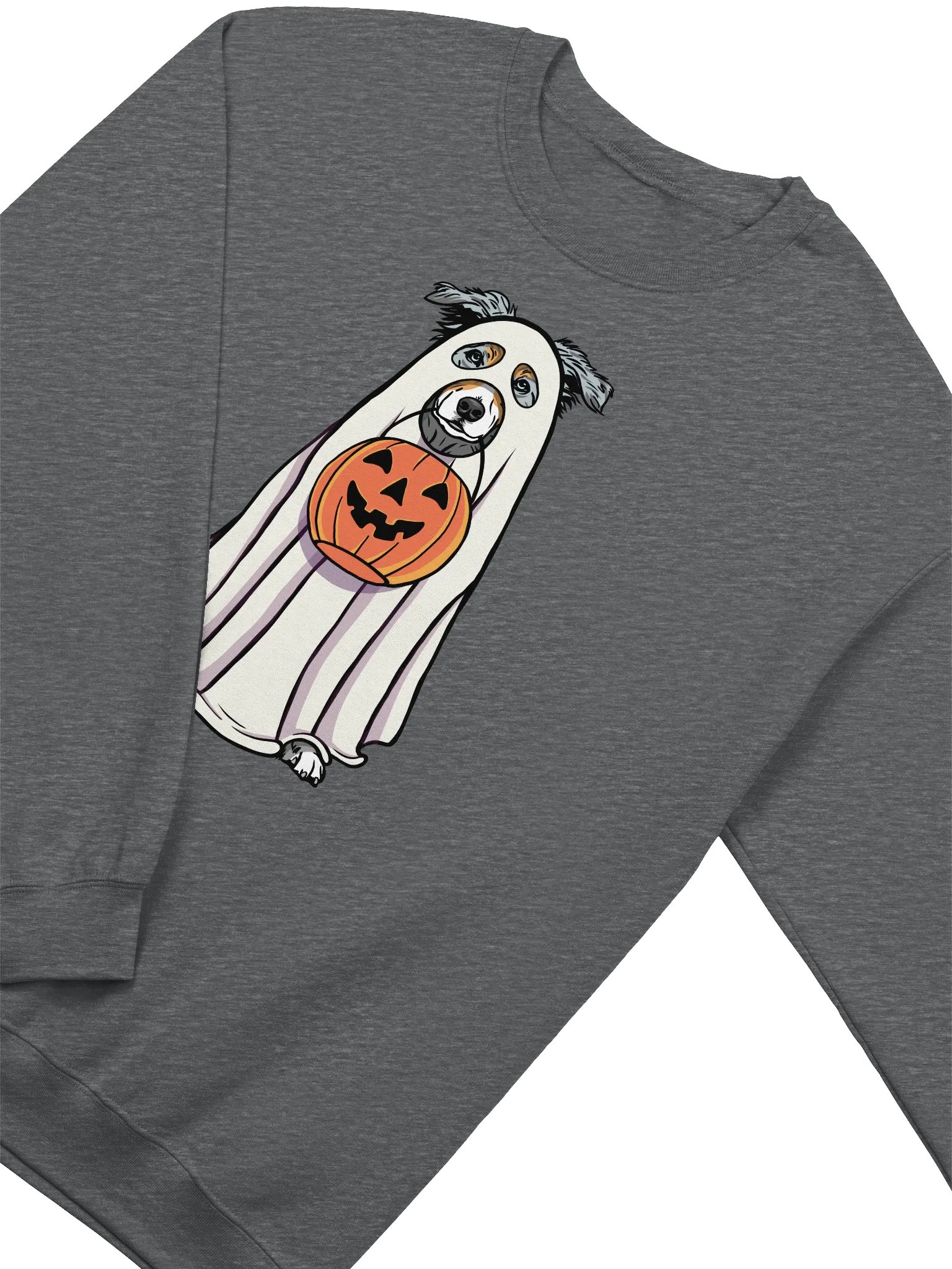 Funny Halloween Australian Shepherd(Blue Merle) Sweatshirt | Funny Aussie Wearing a Ghost Costume and Holding a Pumpkin Basket product image (4)
