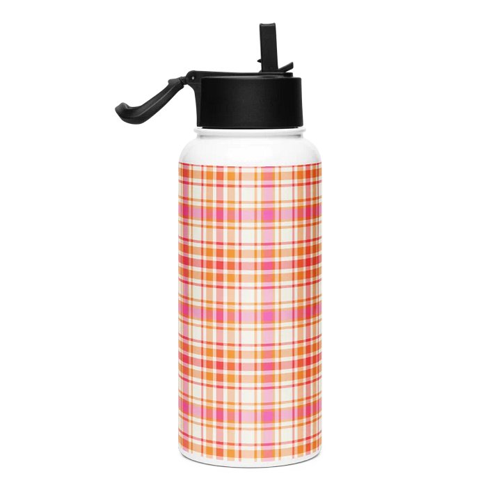 Orange and Hot Pink Plaid Water Bottle product image (1)