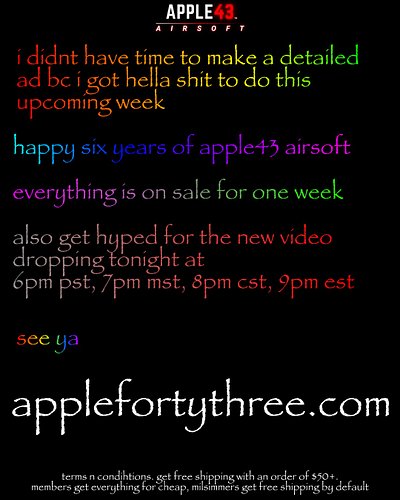 HAPPY SIX YEARS OF APPLE43!

Obligatory weeklong storewide sale in the site inbound. Because.

ENDING AUGUST 8TH, GO CRAZY! T...