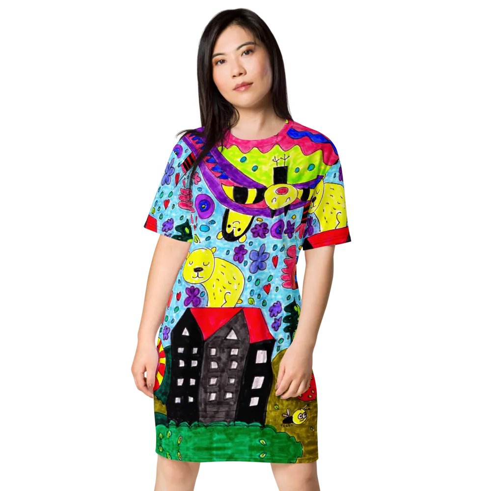 Abstract Vibrant Doodle Characters Ladies T Shirt Dress product image (2)