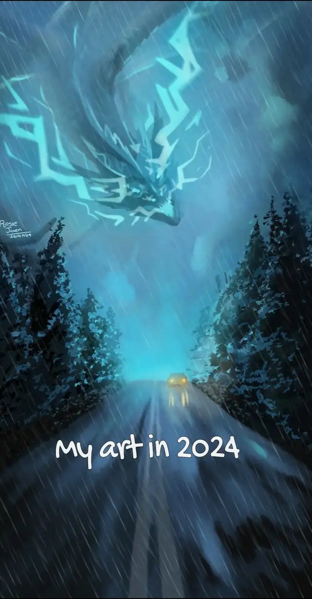 Sometimes its hard to forget how far you've come, until you look back on your old work. The 2024 version was also painted back during smaugust.  When painting the 2026 version I noticed that it was similar in theory to this 2024 version, but replacing a car with a plane, and I got intresserad in seeing the difference between them both. Both was painted using Clip studio paint.  #smaugust #improvement #art #dragon #drawing 