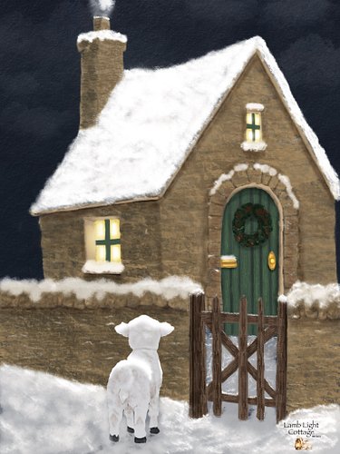 Another little winter scene finished. A snow-covered cottage, warm lights in the windows, and a little lamb waiting at the ga...