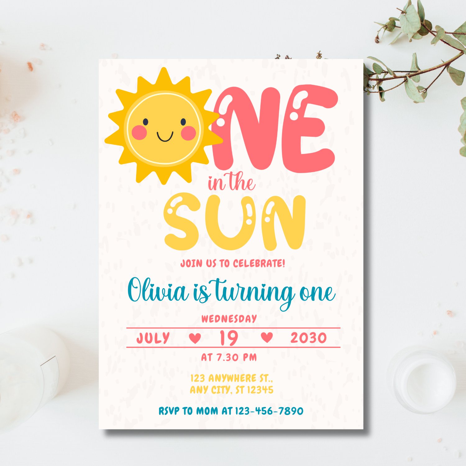 One in the Sun First Birthday Invitation | Editable Canva Template | Summer 1st Birthday Girl Invite | Sunshine Theme | Digital Download product image (4)