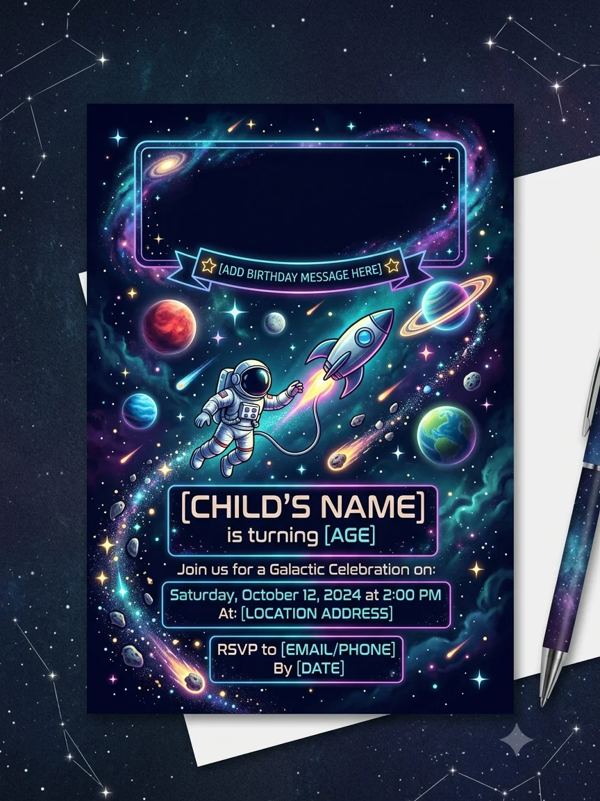 Space Galaxy Birthday Invitation Template, Editable Boy Party Invite, Printable Rocket Party, Canva Instant Download Digital product image (1)
