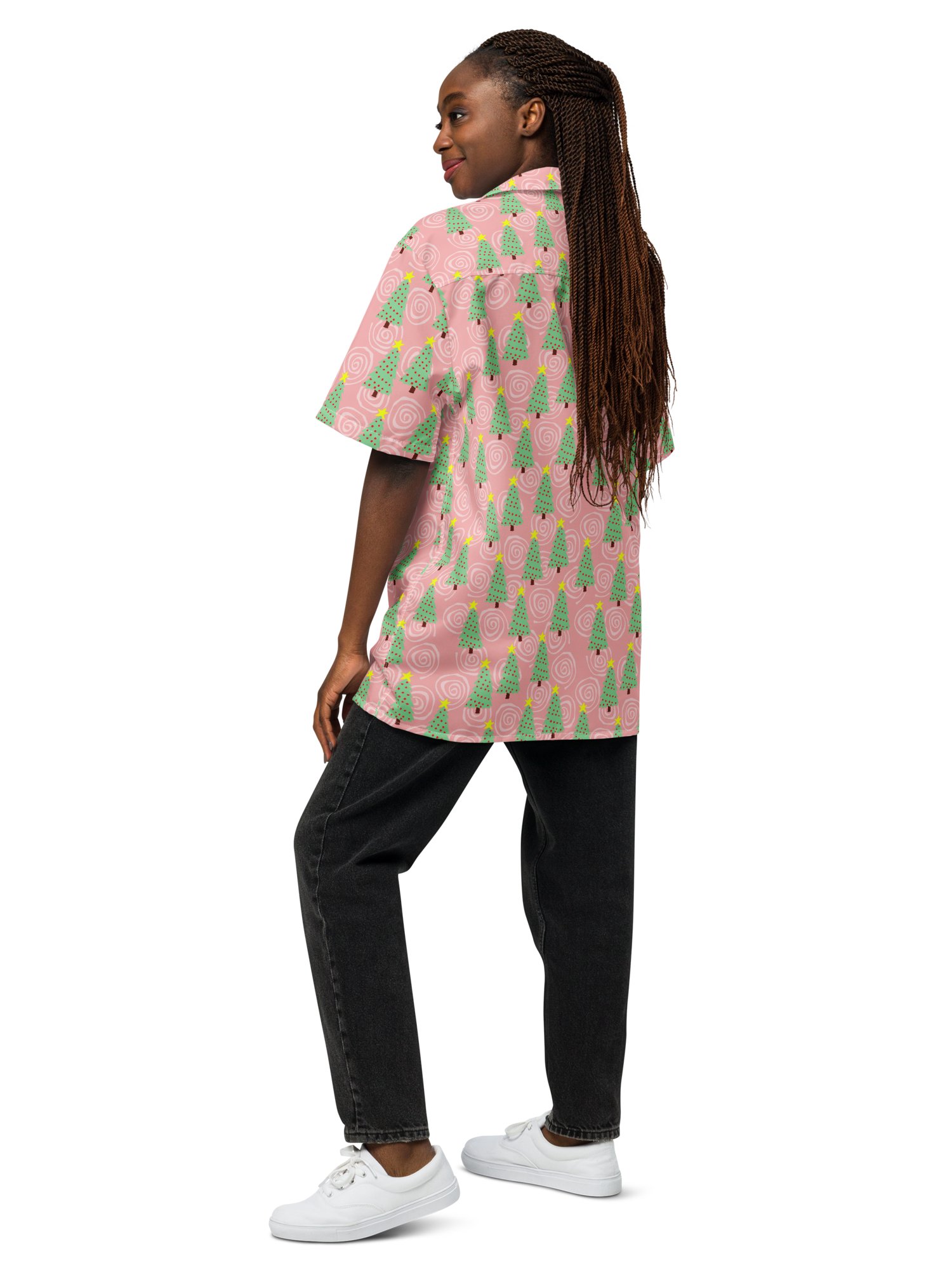 Mint Green Christmas Trees on Pink Oversized Button Down Shirt product image (8)