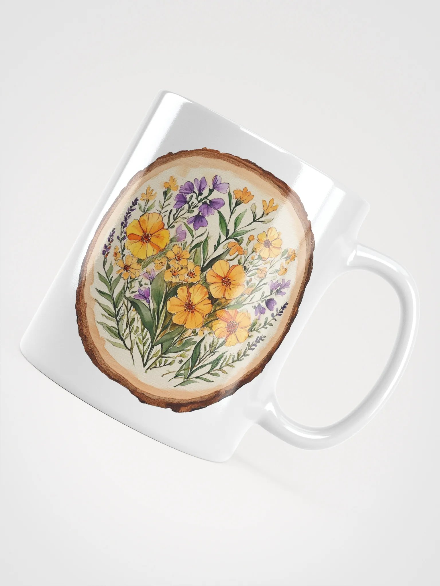 Yellow Orange Wildflower Round Wood Art Ceramic Mug product image (10)