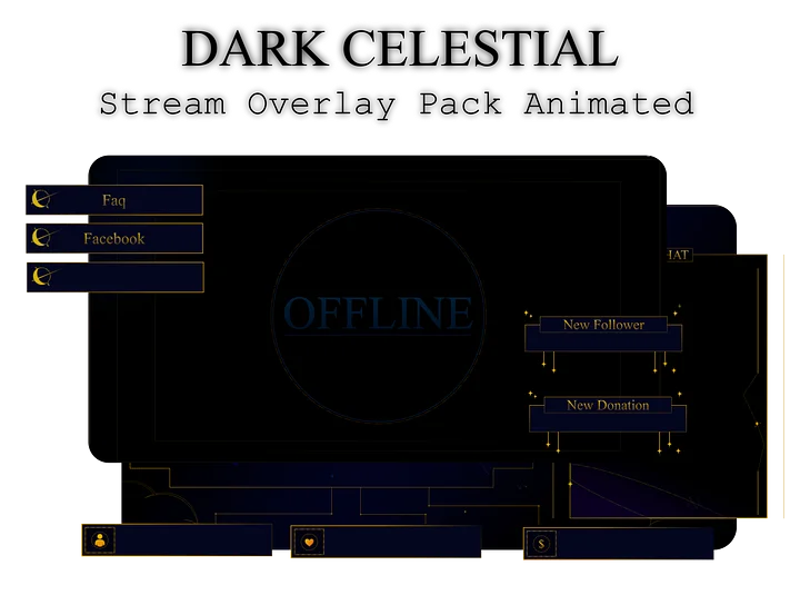 SIMPLE Dark STREAM OVERLAY Celestial, Dark overlay pack, Celestial Animated Overlay, Stream overlay pack, Black and gold Overlay product image (1)
