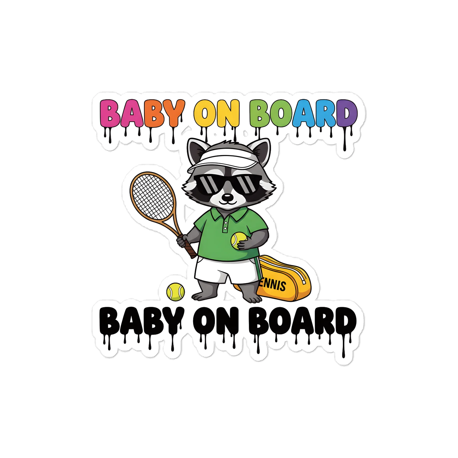 Funny Raccoon Tennis Baby on Board Sticker - 5x5 Weatherproof Vinyl Car Decal - Premium Raccoon Tennis Court Accessory product image (1)