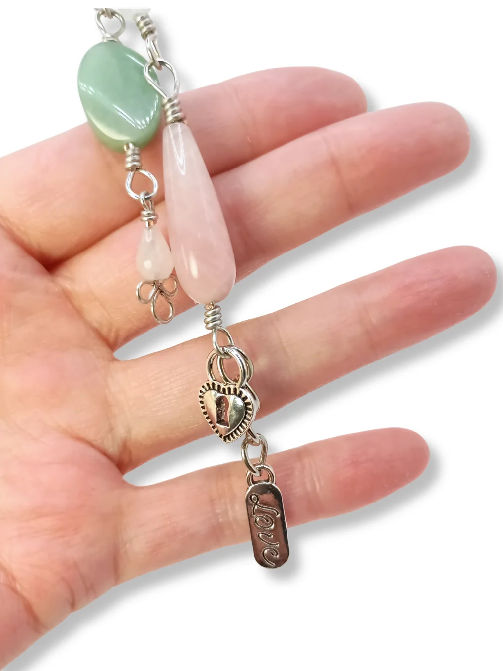 Hand-Crafted Purse Charm for Love | Rose Quartz & Aventurine, Silver-Tone | "Heart’s Harmony" product image (3)