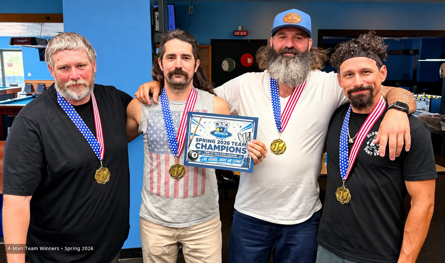Four teammates wearing medals celebrate with their Spring 2026 team winners certificate. Caption: 4-Man Team Winners • Spring 2026.
