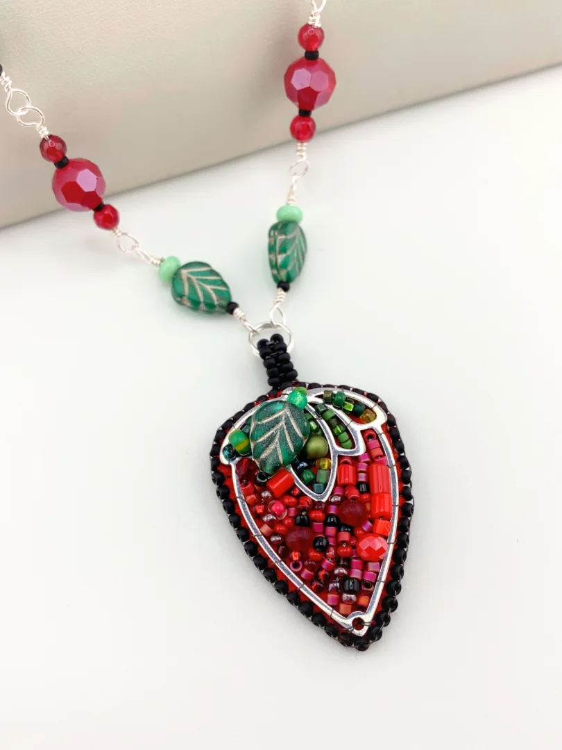 Bead Embroidered Strawberry Pendant Necklace and Earrings Set product image (2)