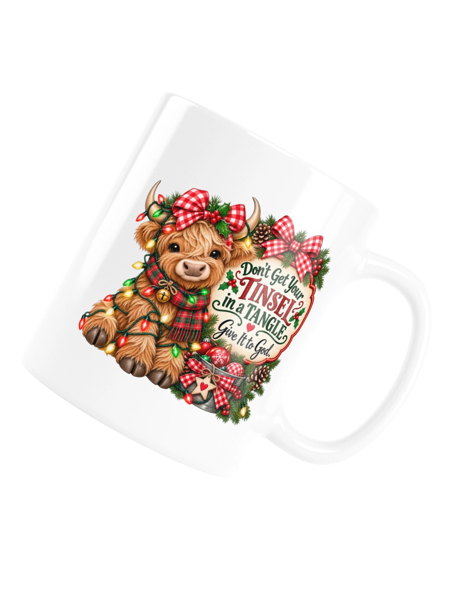 Funny Christian Christmas Mug | Highland Cow Tinsel Mug | Give It to God | Christmas Coffee Cup product image (8)