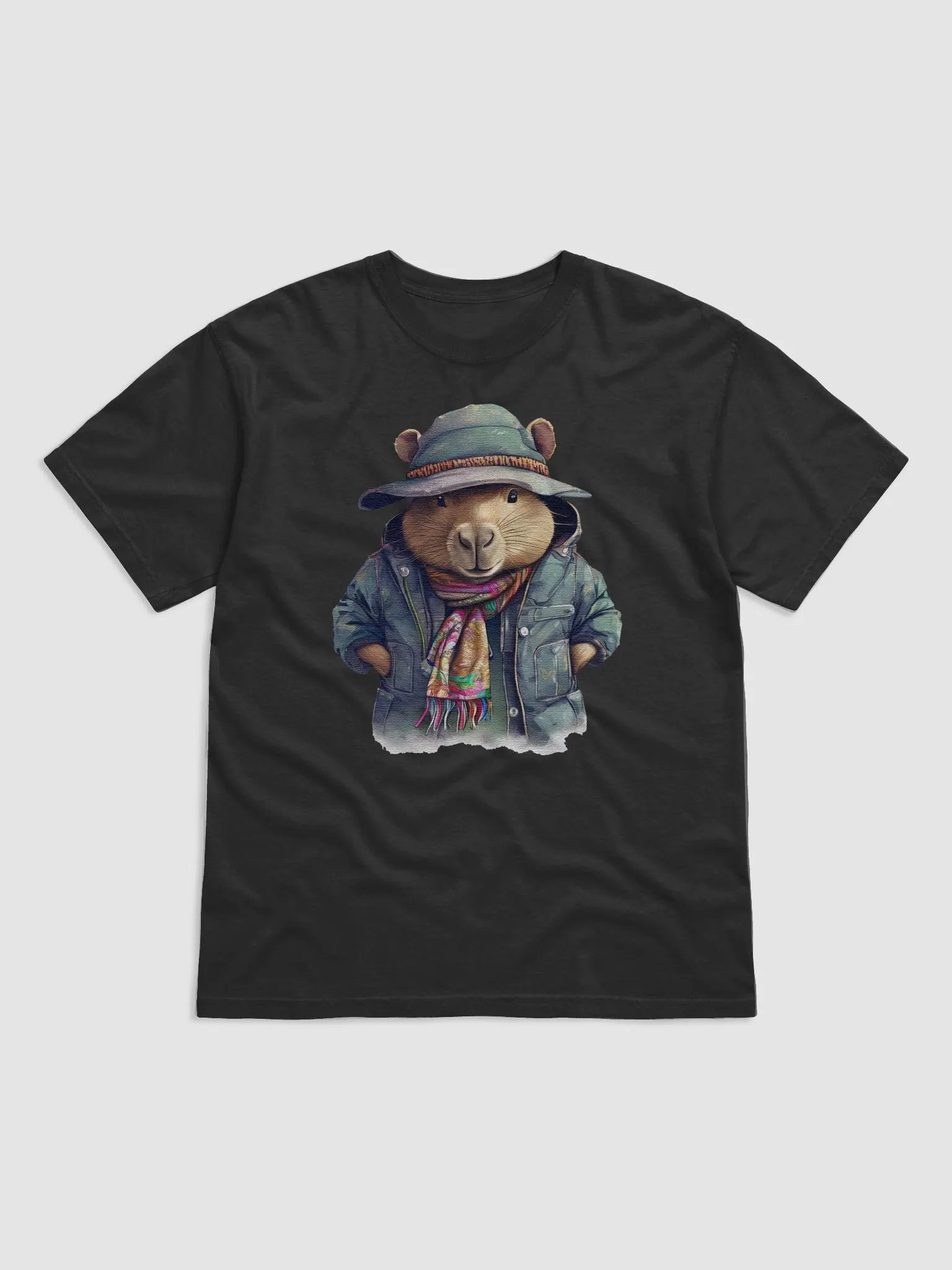 capybara wearing a jacket cap and a scarf product image (1)