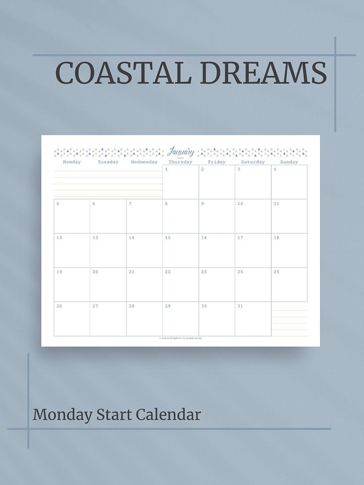 Coastal Dreams 2026 Calendar - Single Page per Month, Monday Start, Letter Size product image (1)