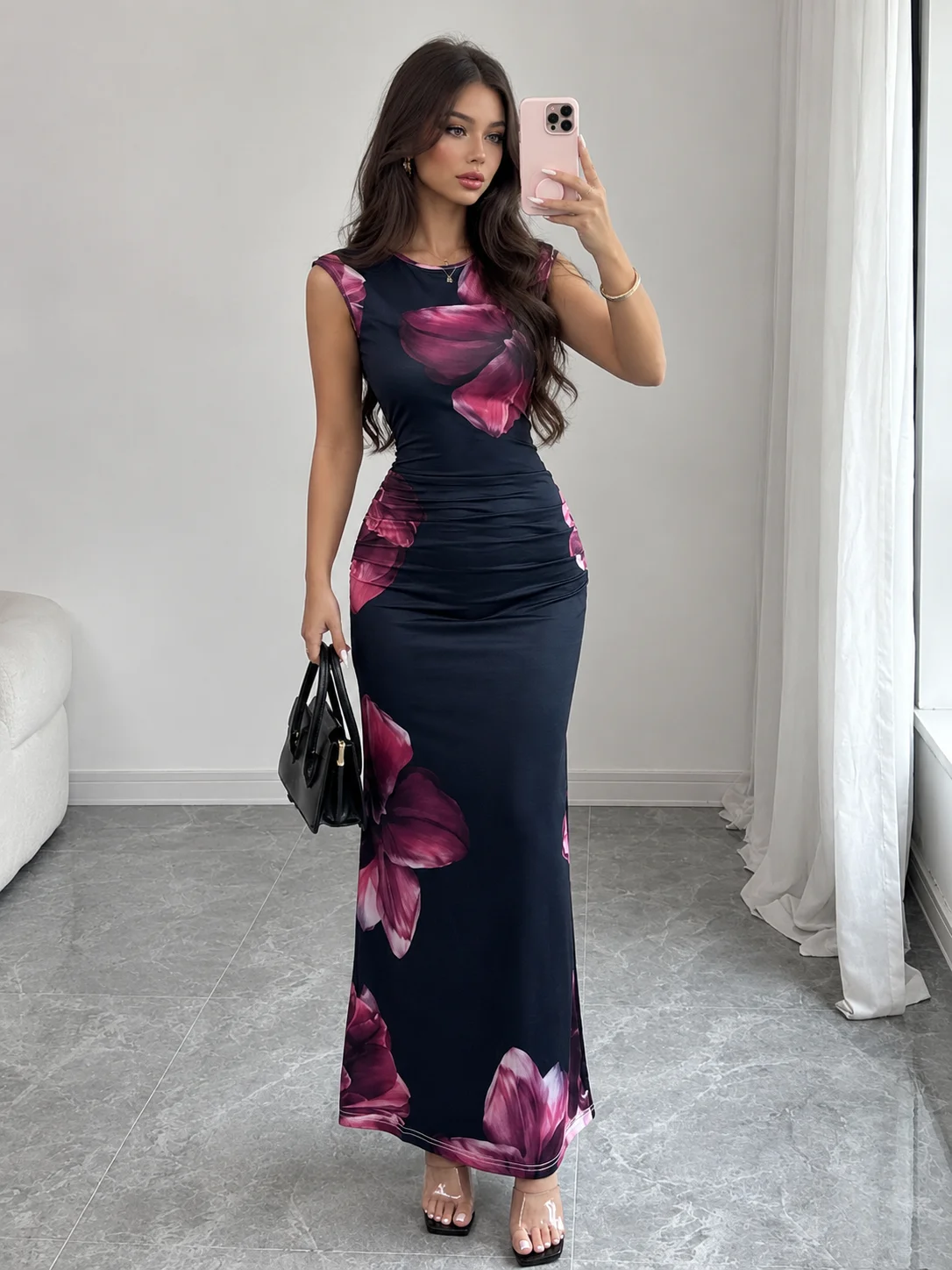Elenzga Sleeveless Round Neck Simple Elegant Women's Floral Printed Dress, Suitable For Vacation product image (2)
