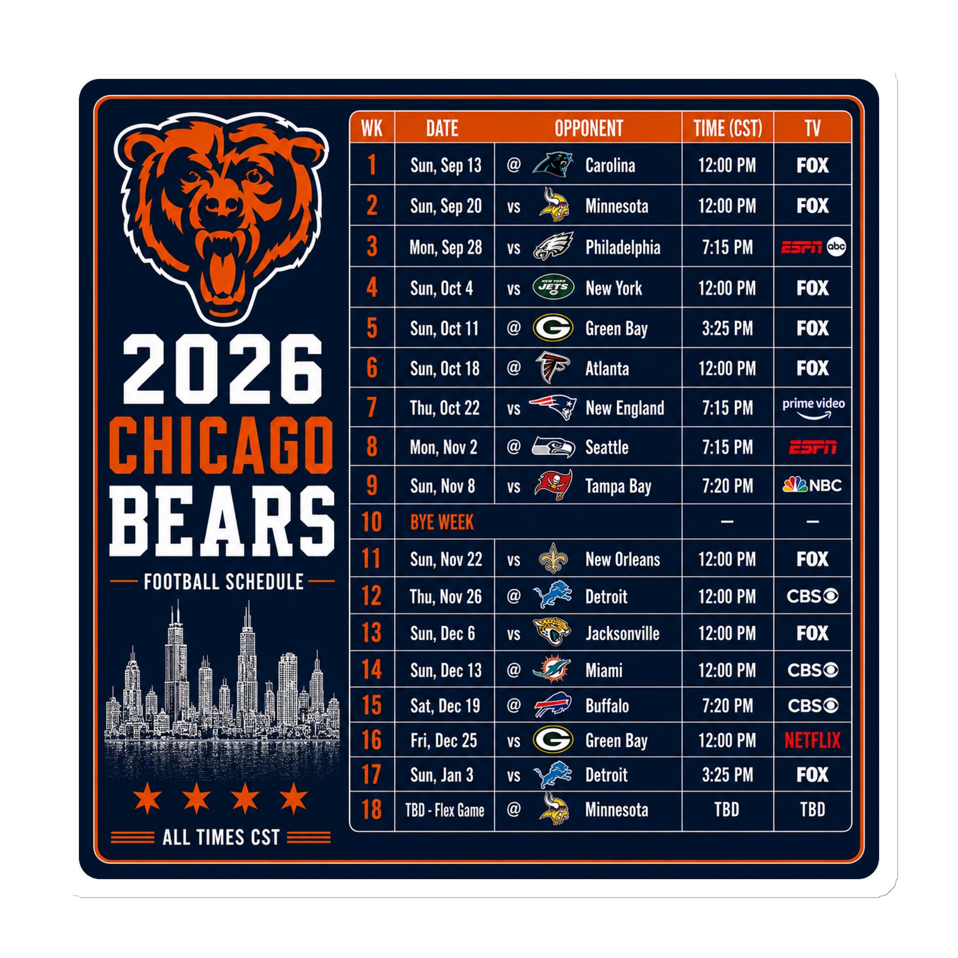 Chicago Bears 2026 Schedule Magnet (Blue) product image (1)
