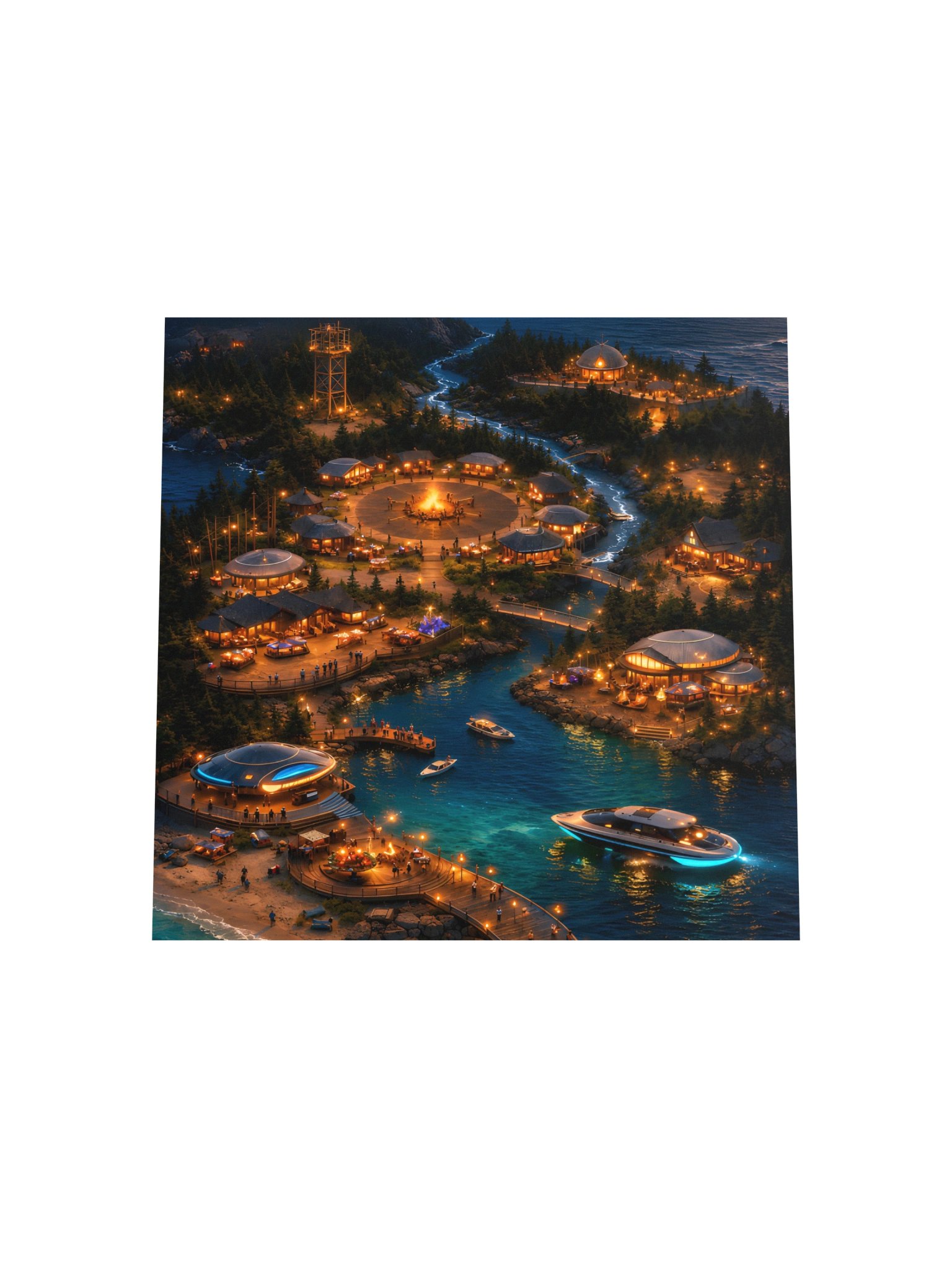 "Solara Bay Fantasy Village Poster - Neon Night Coastal Town Wall Art" product image (5)