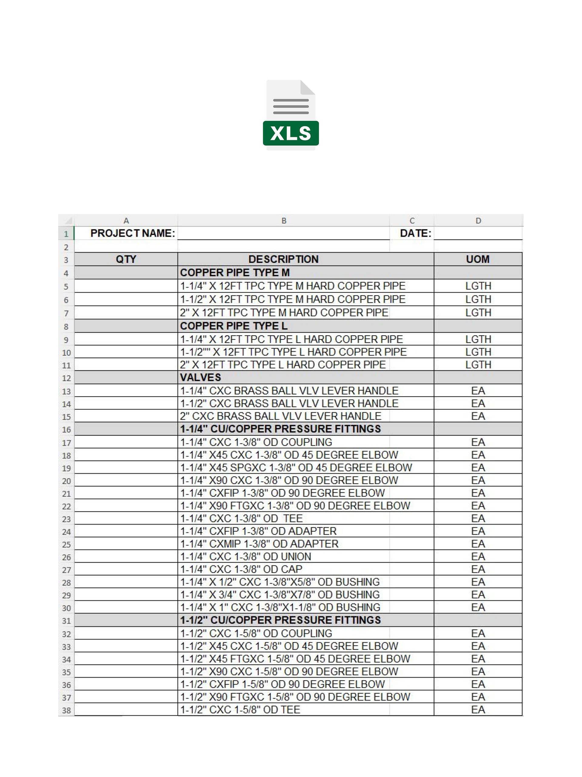 Domestic Water Cu BOM MS Excel Template No.1 & No. 2 product image (2)