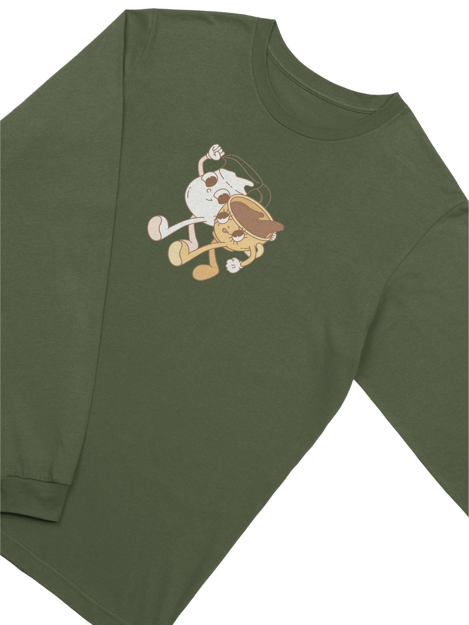 Coffee & Cream Long Sleeve T-Shirt | Happy Coffee Cup Duo Vintage Character Tee product image (3)