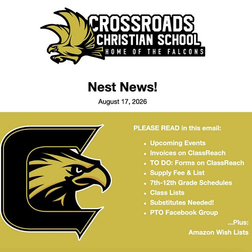 Check your inbox!

The first day of school is almost here! Make sure to check your email and read the Nest News for important...