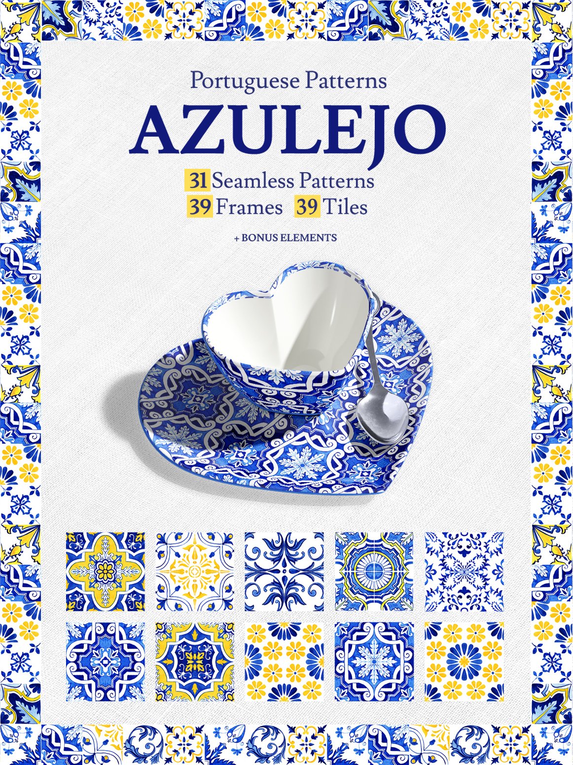 Portuguese Azulejos Tiles & Patterns Watercolor Clipart and Seamless Patterns BUNDLE product image (1)