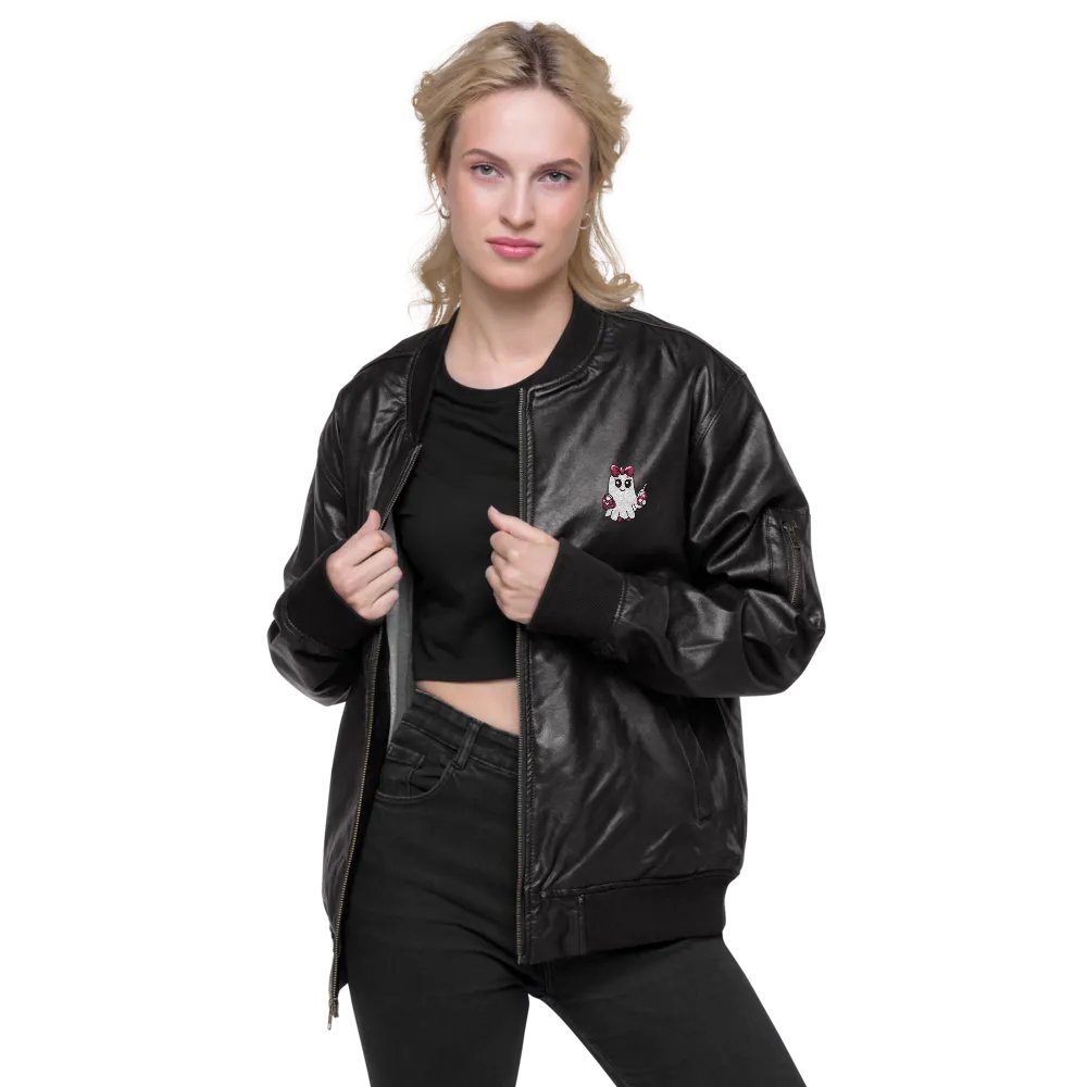 Cute Ghost Embroidered Faux Leather Bomber Jacket product image (2)