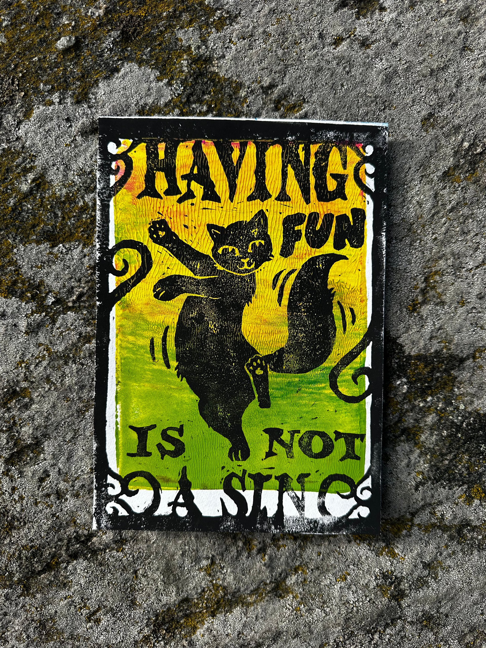 HAVING FUN IS NOT A SIN dancing cat original lino print (2) product image (1)