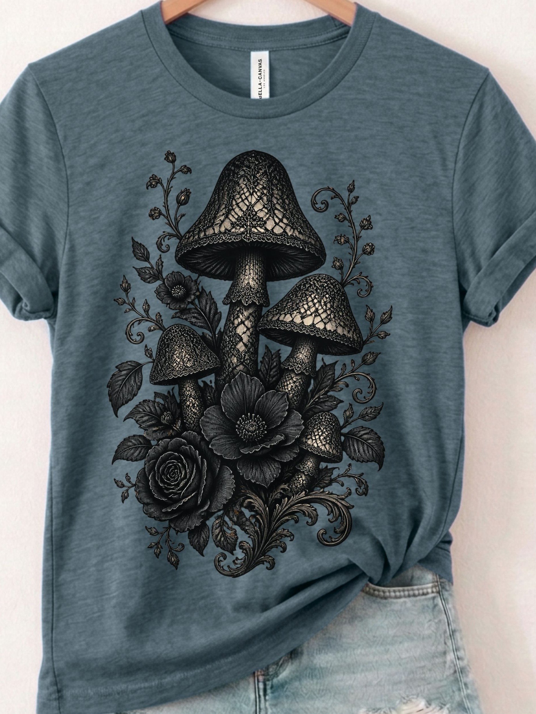 Mystic Mushroom Floral Tee, Gothic Botanical Nature Graphic product image (1)