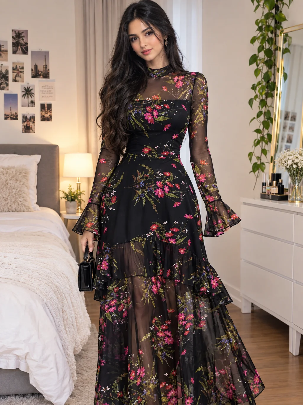 Women's Gothic Elegant Sexy Mesh Patchwork Colorful Floral Print Retro Flare Sleeve Ruffle Hem Layered Dress Vacation product image (3)