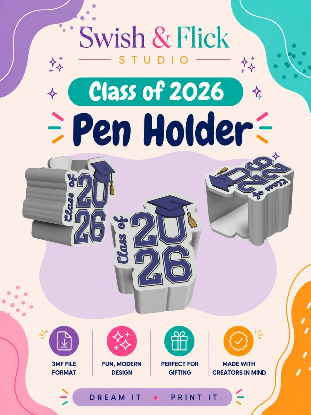 Class of 2026 Pen Holder 3MF File | Cute Desk Organizer STL Alternative | Sports Pencil Holder Digital Download for 3D Printing product image (1)