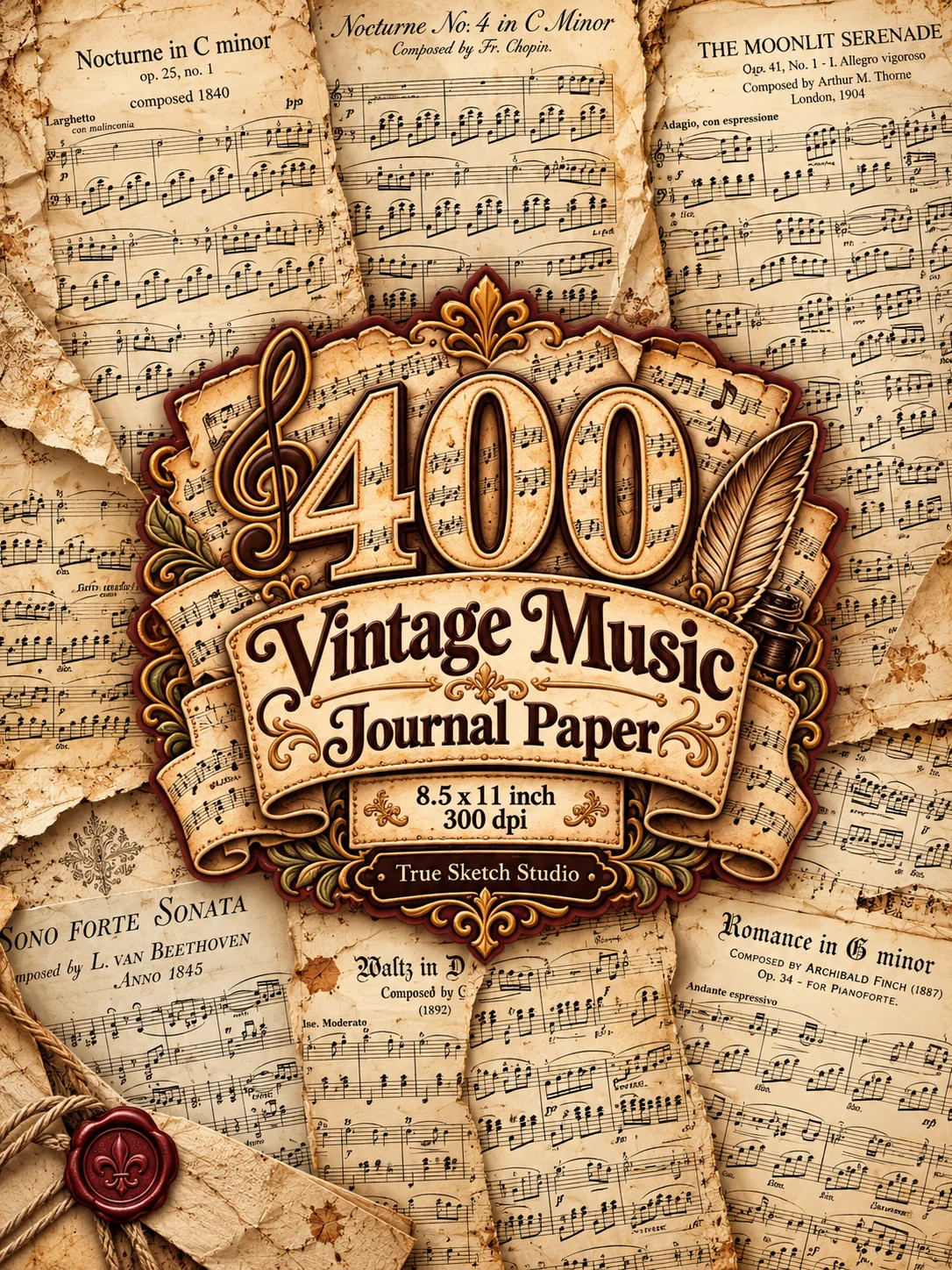 400 Vintage Music Digital Paper Bundle, Aged Sheet Background, Junk Journal Pages, Scrapbook Collage Supplies, US Letter 300DPI JPG Download product image (8)