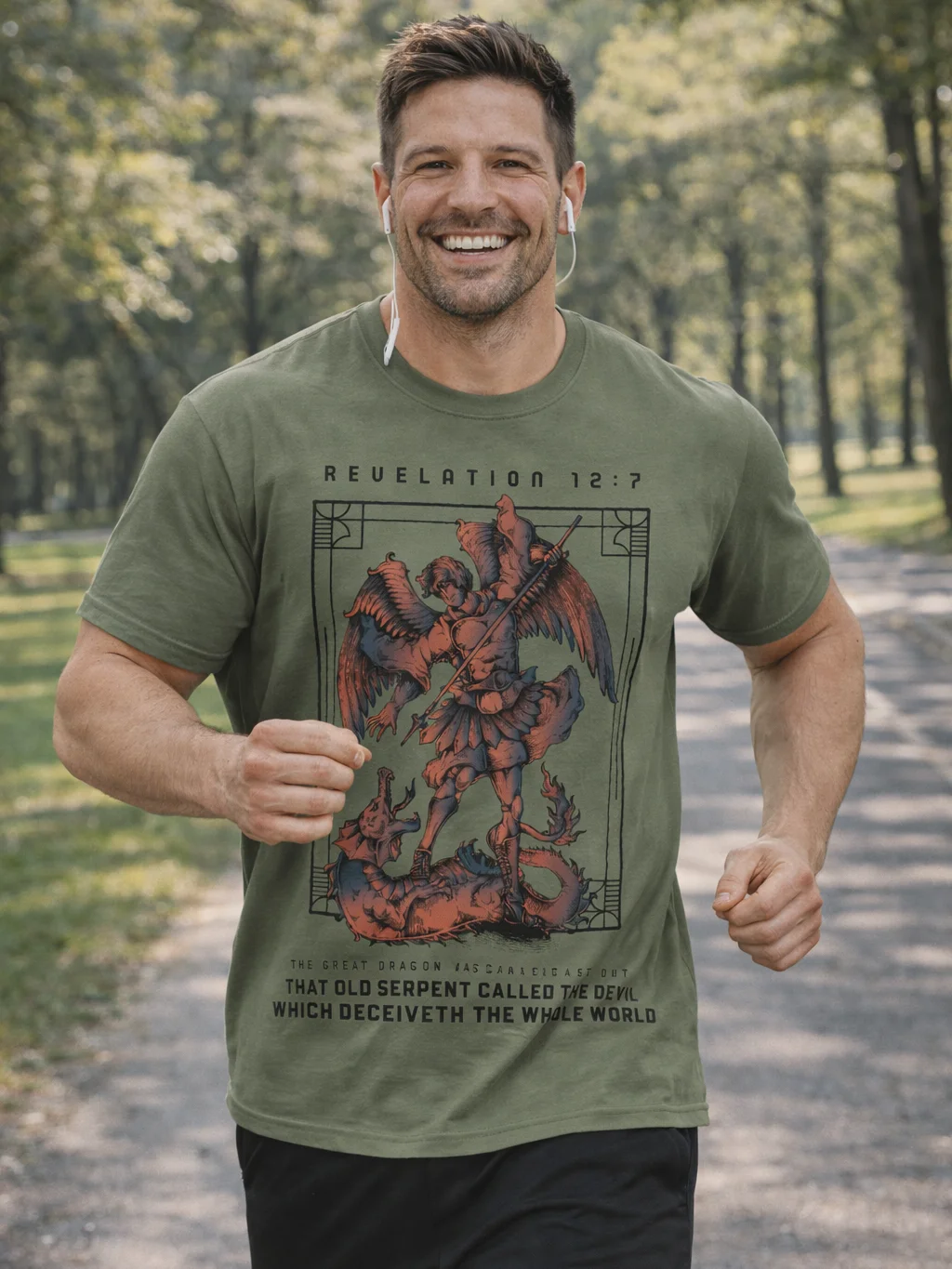 Epic Revelation 12:7 Christian T-Shirt – Archangel Michael Slaying the Dragon in Vintage Ancient Bible Art Style Tee product image (48)