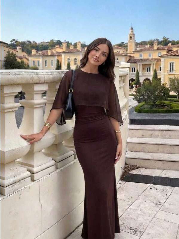 Asymmetric Cloak Sleeve Ruched Mermaid Maxi Dress — Brown High Waist Knit product image (1)