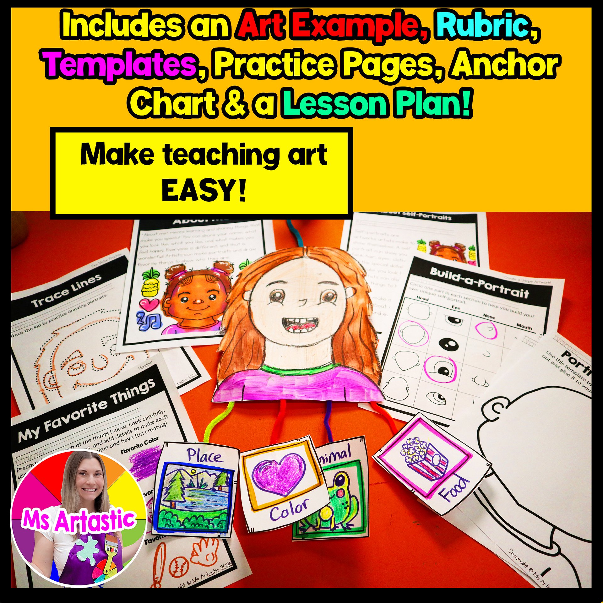 Kindergarten About Me Art Lesson Self Portrait Favorite Things Art Project BTS product image (3)
