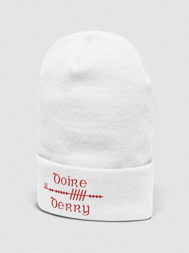 Derry/Doire, Scholastic style Ogham, white with red, embroidered Cuffed Beanie product image (2)