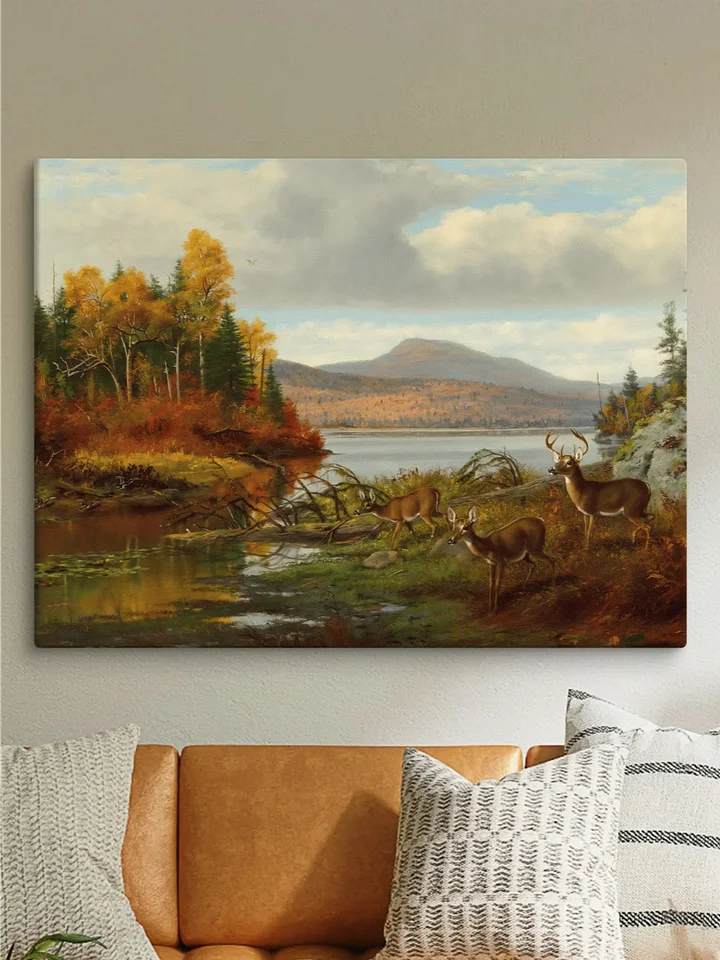Antique Whitetail Deer in Fall Landscape Canvas Print product image (1)