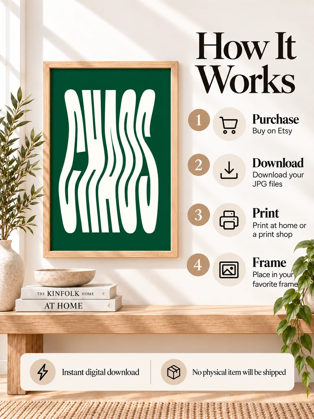 CHAOS Wavy Typography Poster, Green Cream Retro Print, Funky Modern Wall Art, Bold Digital Download, Groovy Decor product image (4)