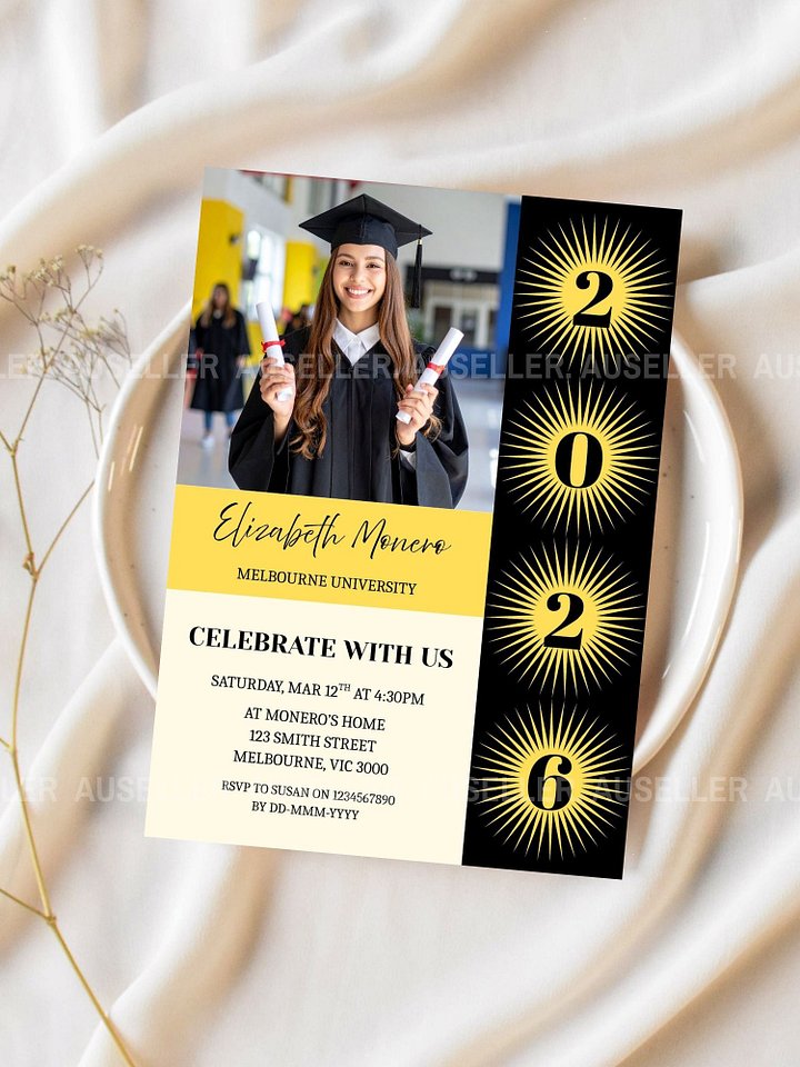 Black and Yellow Sunburst Graduation Photo Invitation 2026 Editable Canva Template product image (2)