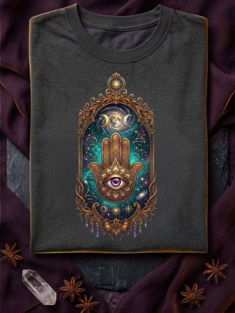 Mystical Zodiac Hamsa – Cosmic Constellation Mirror & Sacred Eye Talisman tee product image (1)