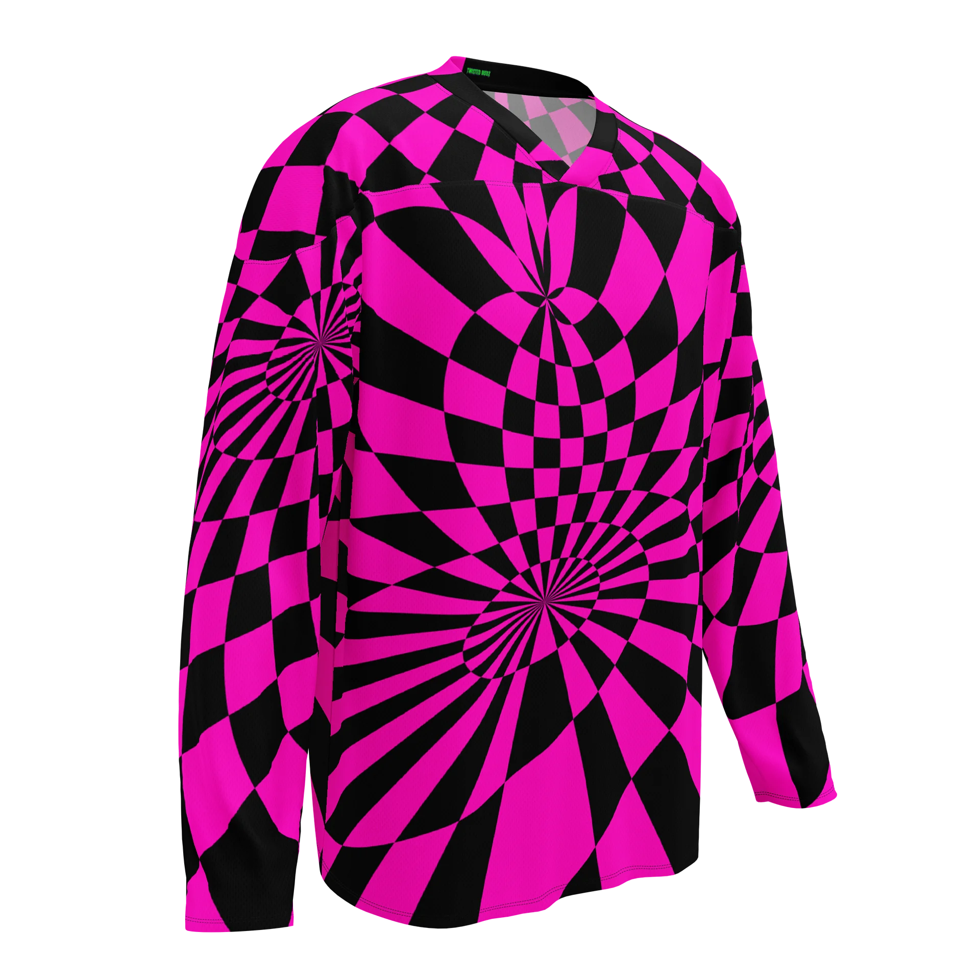 Trippy Techno Rave Hockey Jersey, Original Art EDM Shirt, Psychedelic Checkers Retro Top, Twisted Neon Pink Black Comfy Alternative Clothing product image (2)