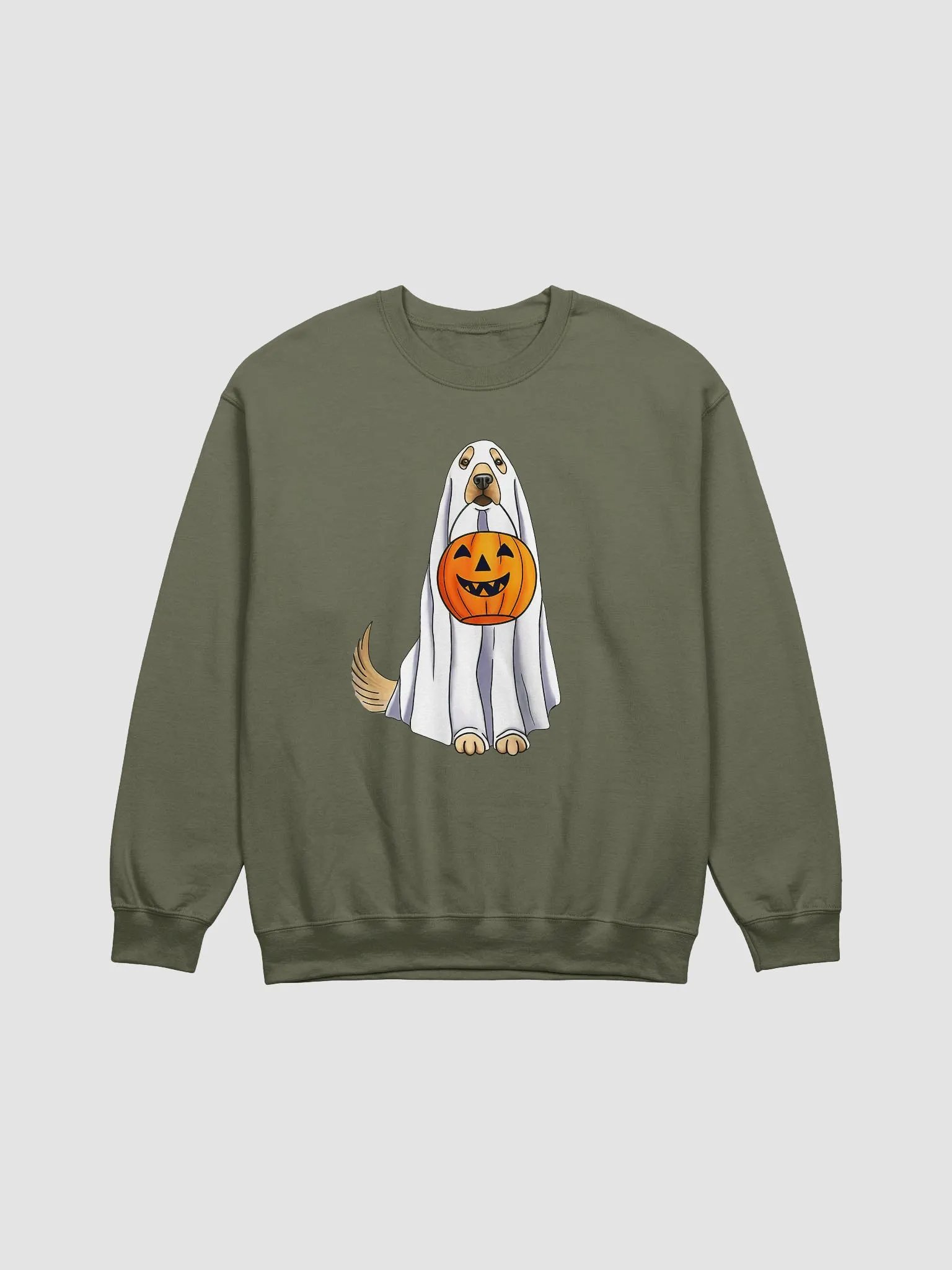 Funny Golden Retriever Halloween Sweatshirt | Cute Ghost Goldie Holding a Pumpkin Basket Halloween and Fall Shirt product image (1)