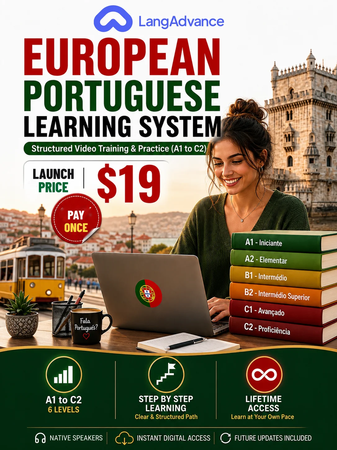European Portuguese learning system: A1–C2 structured video training product image (1)