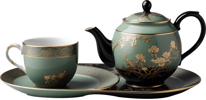 Mint Green and Black Chinese Tea Set with Gold Floral Accents PNG product image (1)
